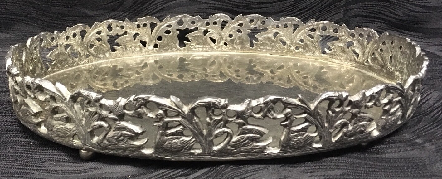Vintage Silverplate Swans Platter Vanity Tray Reticulated Sides Swan Motif Rare