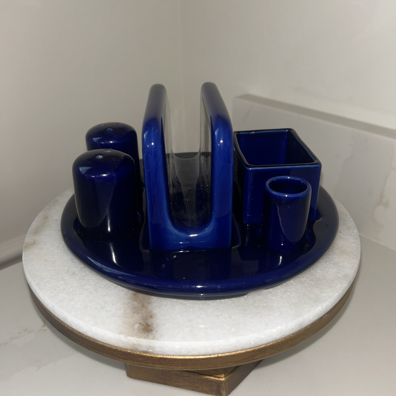 Vintage MCM Cobalt Blue Ceramic Condiment Set & Tray 6 pieces Vintage MCM Cobalt Blue Ceramic Condiment Set & Tray 6 pieces