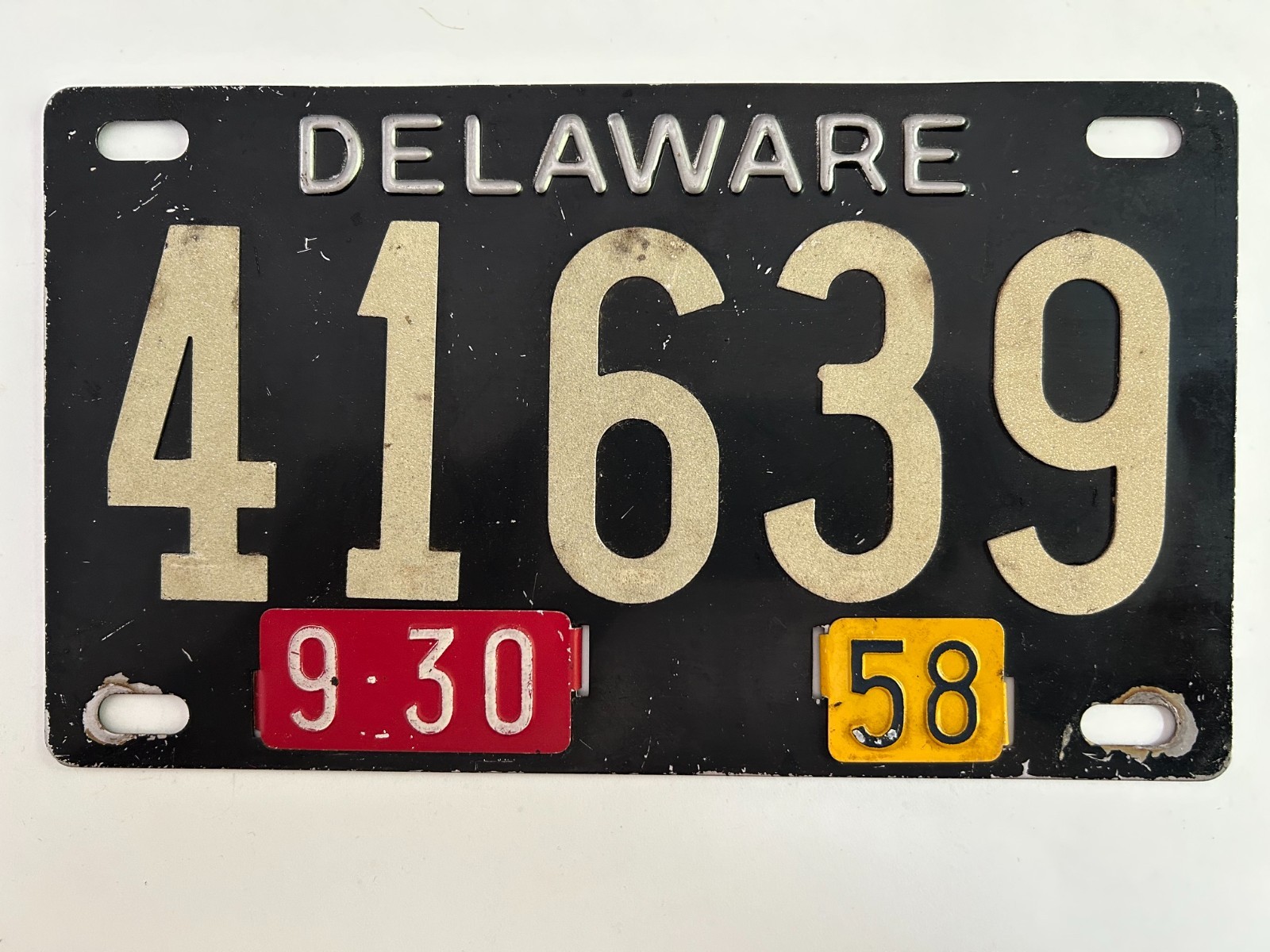 1958 Delaware License Plate Black Stainless Steel White Reflective Numbers \