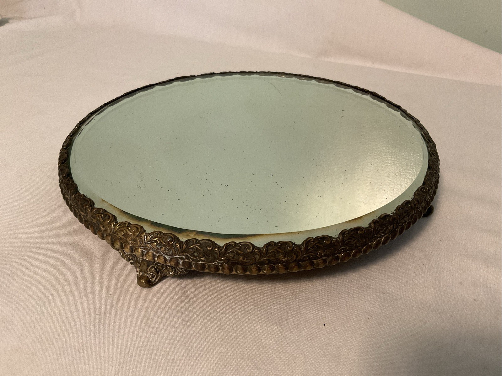 Vintage Round Plateau Dresser Vanity Tray Beveled Mirror Footed Scroll 10”