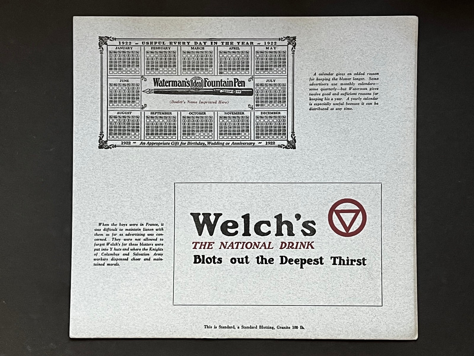 1922 WELCH'S GRAPE JUICE WATERMAN'S FOUNTAIN PEN 2 BLOTTERS ON 1 OVERSIZED SHEET