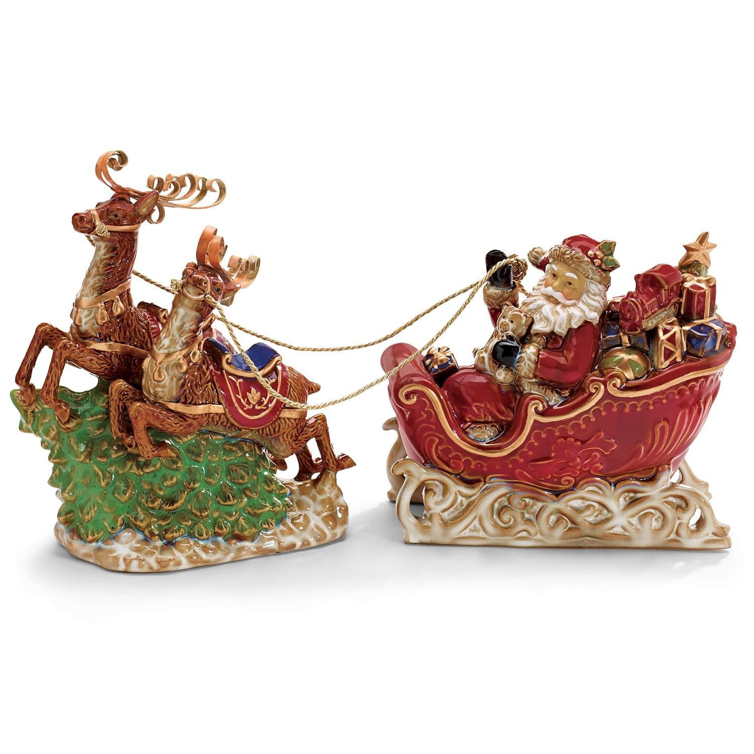 Porcelain Santa Sleigh Reindeer 2pc Christmas Figurine Holiday Tabletop Decor