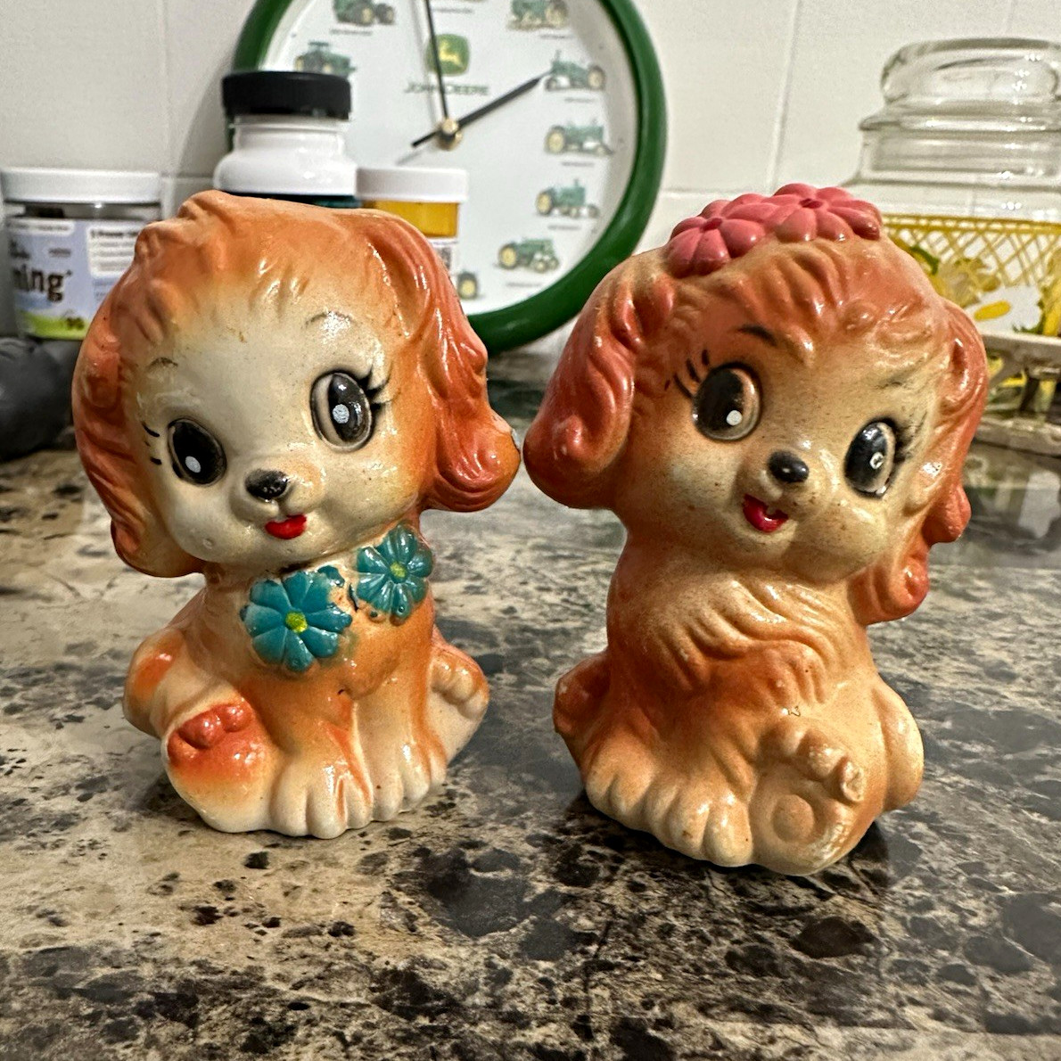 Vintage Japan Ceramic Puppy Dog Salt Pepper Shakers Big Eyes Flowers 1950s MCM