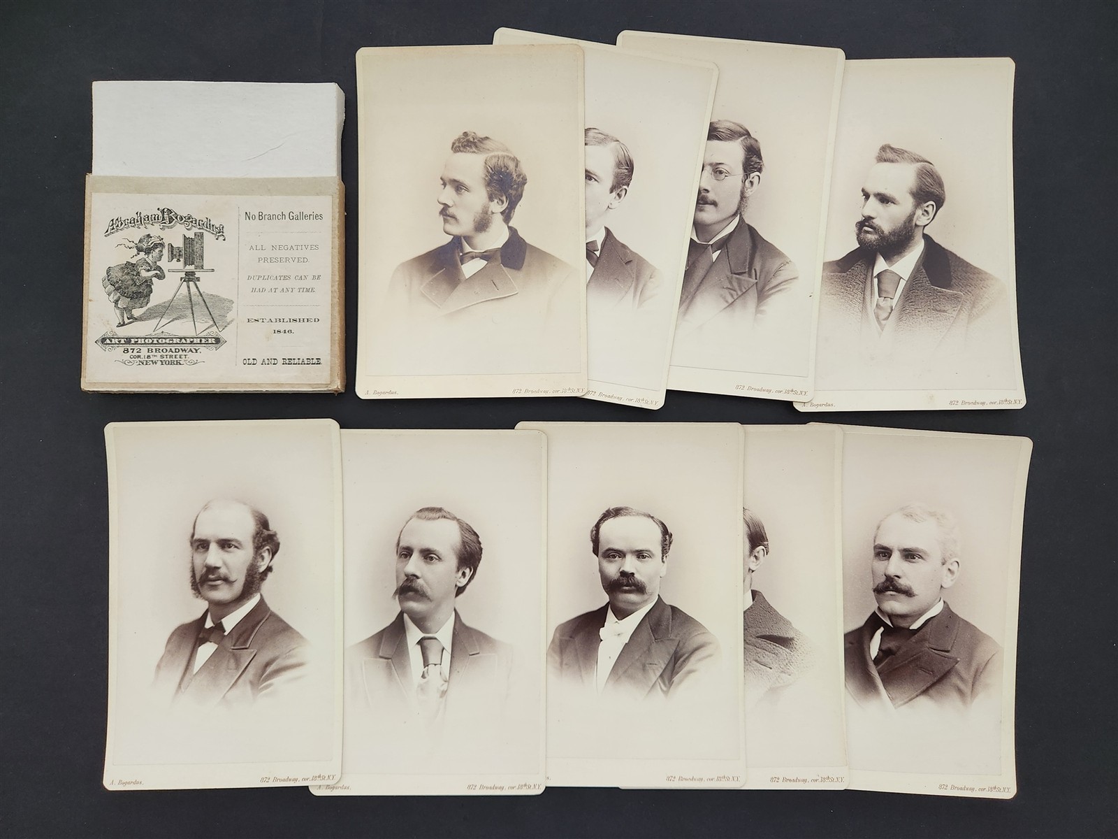 antique CABINET CARD PHOTO LOT inside photographer AD SLEEVE ny ABRAHAM BOGARDUS