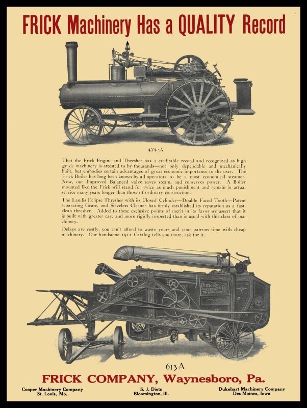 1915 Frick Steam Tractor & Thresher New Metal Sign: 12x16\