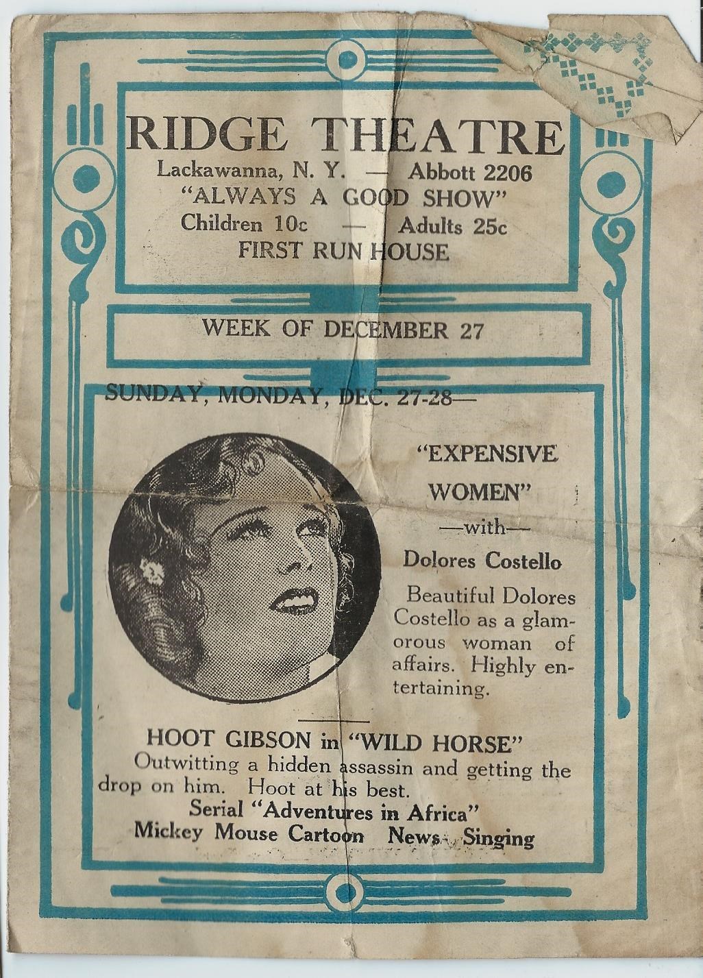 1931 Ridge Theatre Program Lackawanna NY / Dolores Costello Expensive Women