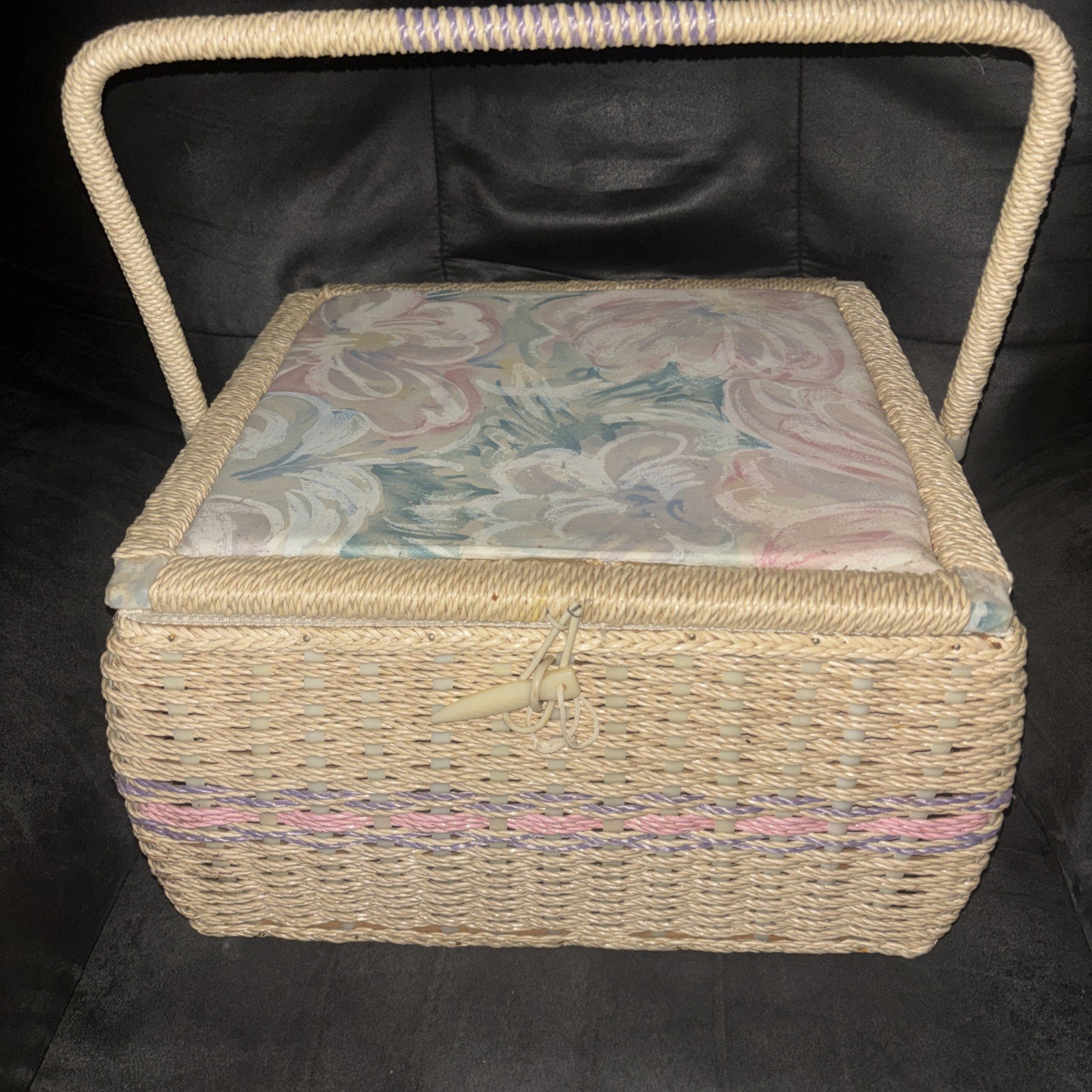 Wicker Woven Sewing Box Basket Vintage Wooden Bottom Large