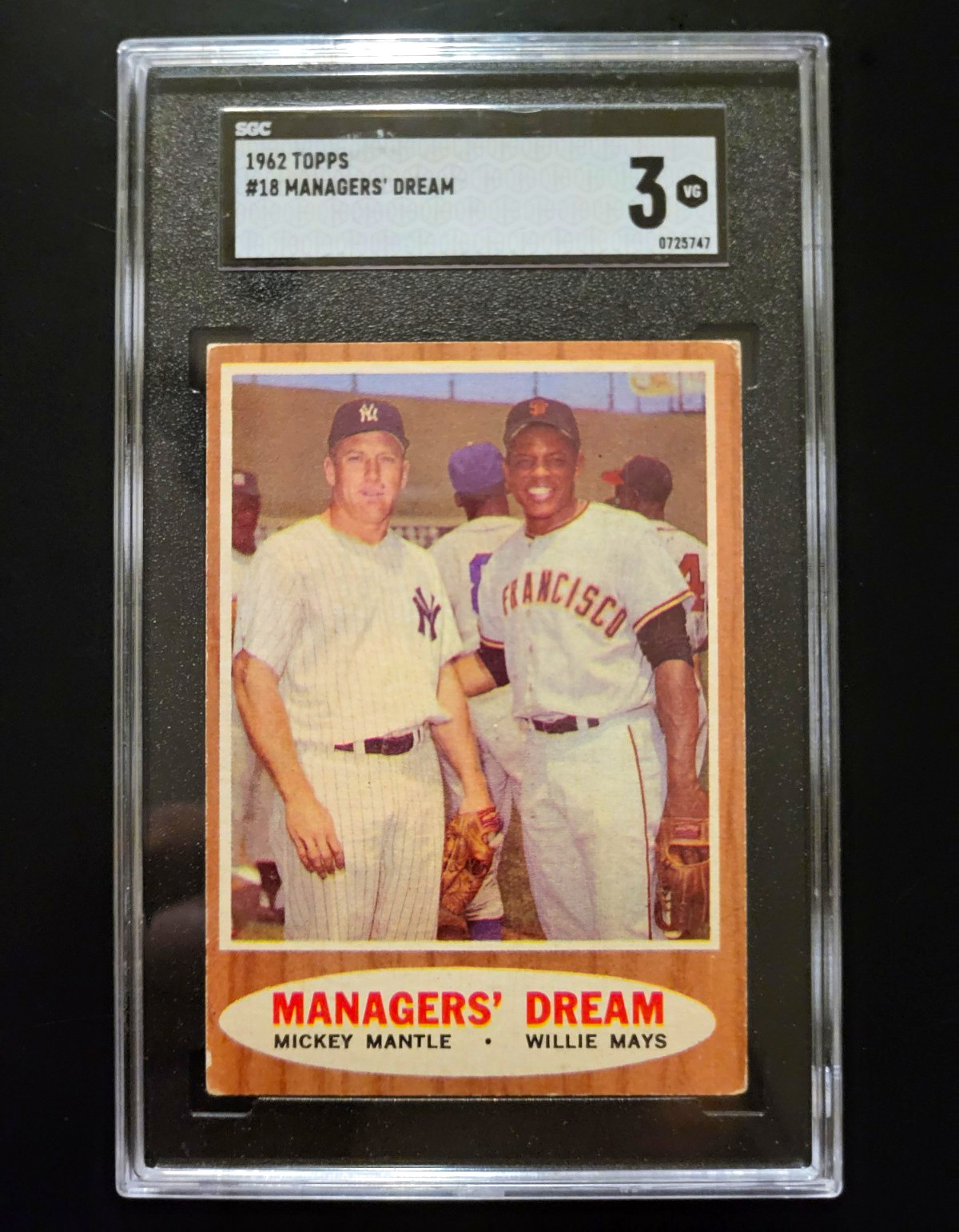 Topps 1962 Topps #18 Managers' Dream Mickey Mantle Willie Mays Graded Topps 1962 Topps #18 Managers' Dream Mickey Mantle Willie Mays Graded