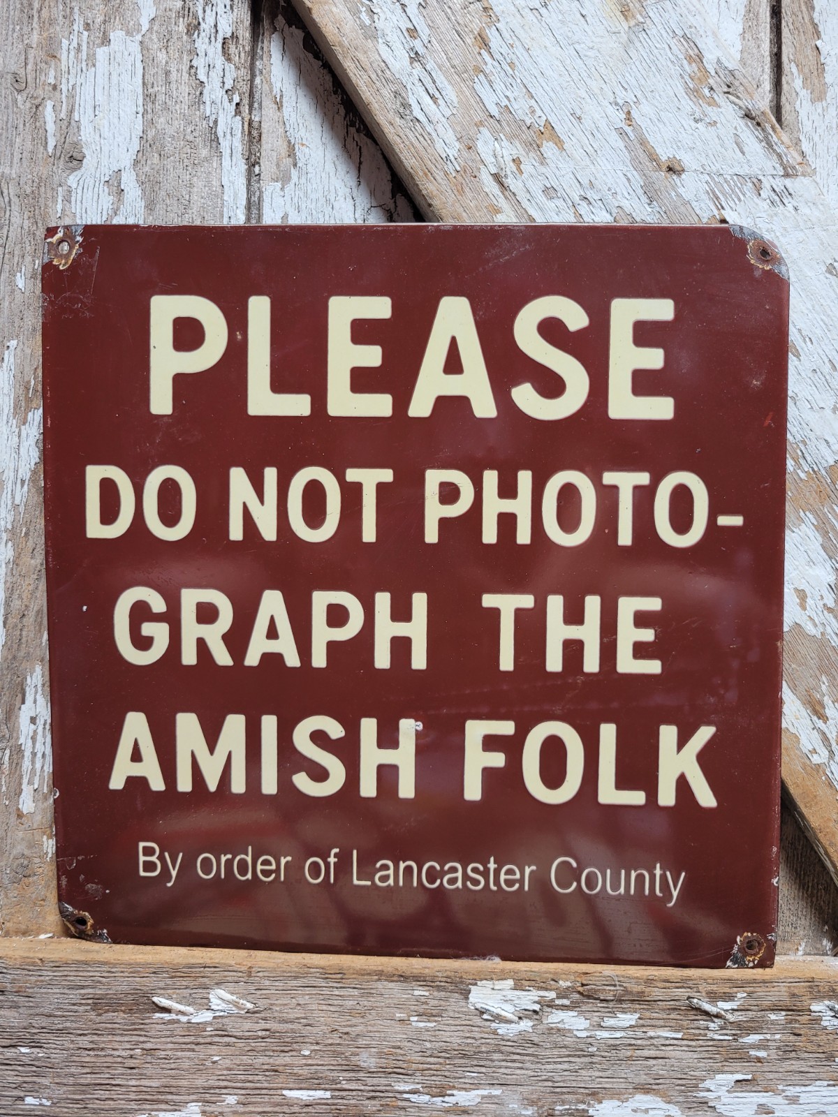 VINTAGE AMISH PORCELAIN SIGN OLD DONT PHOTOGRAPH AMISH FOLK LANCASTER COUNTY PA