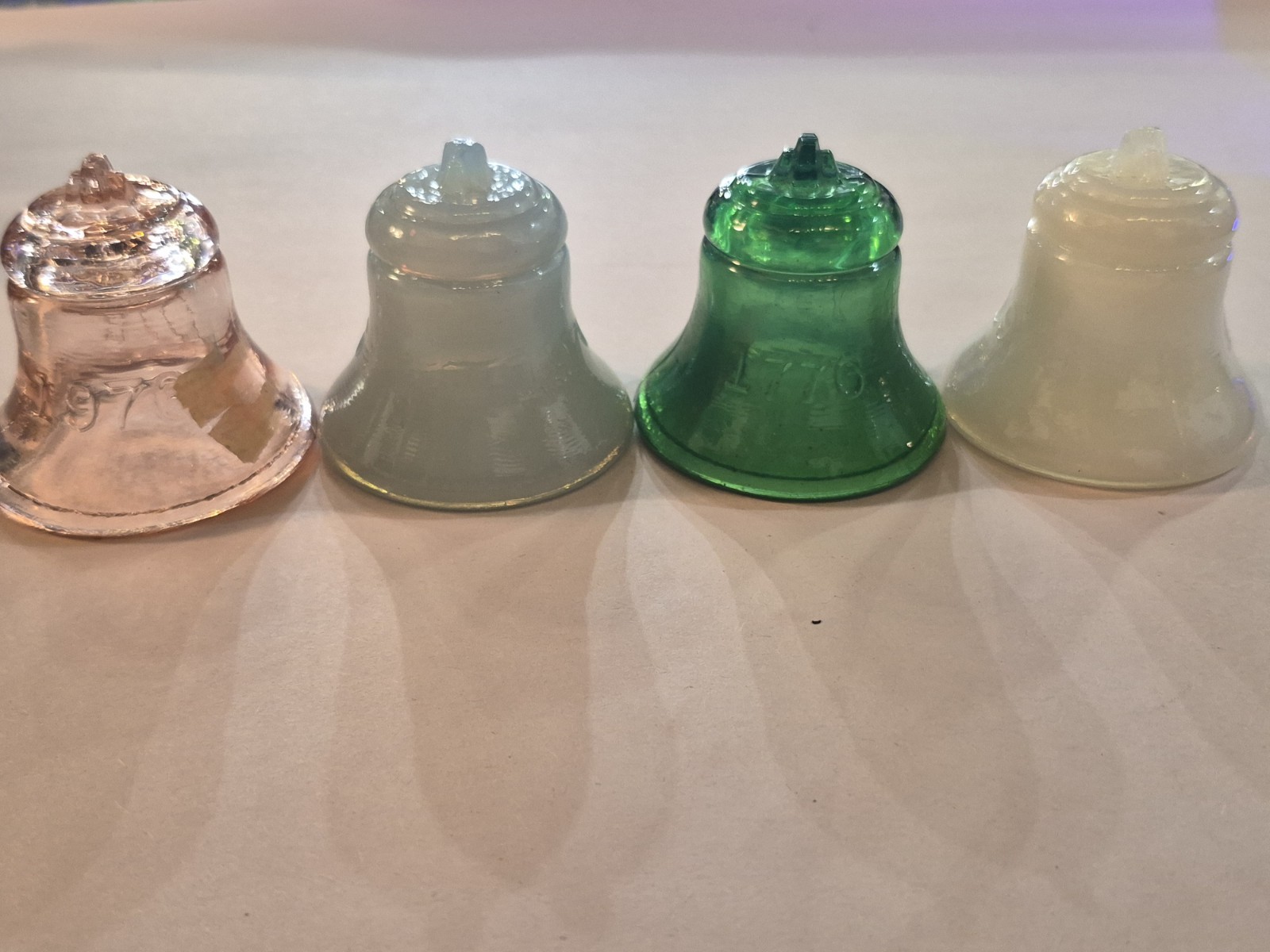 Urainium Degenhart Glass Bell Set of 4 Pink Green White Jadeite Uranium Glow...