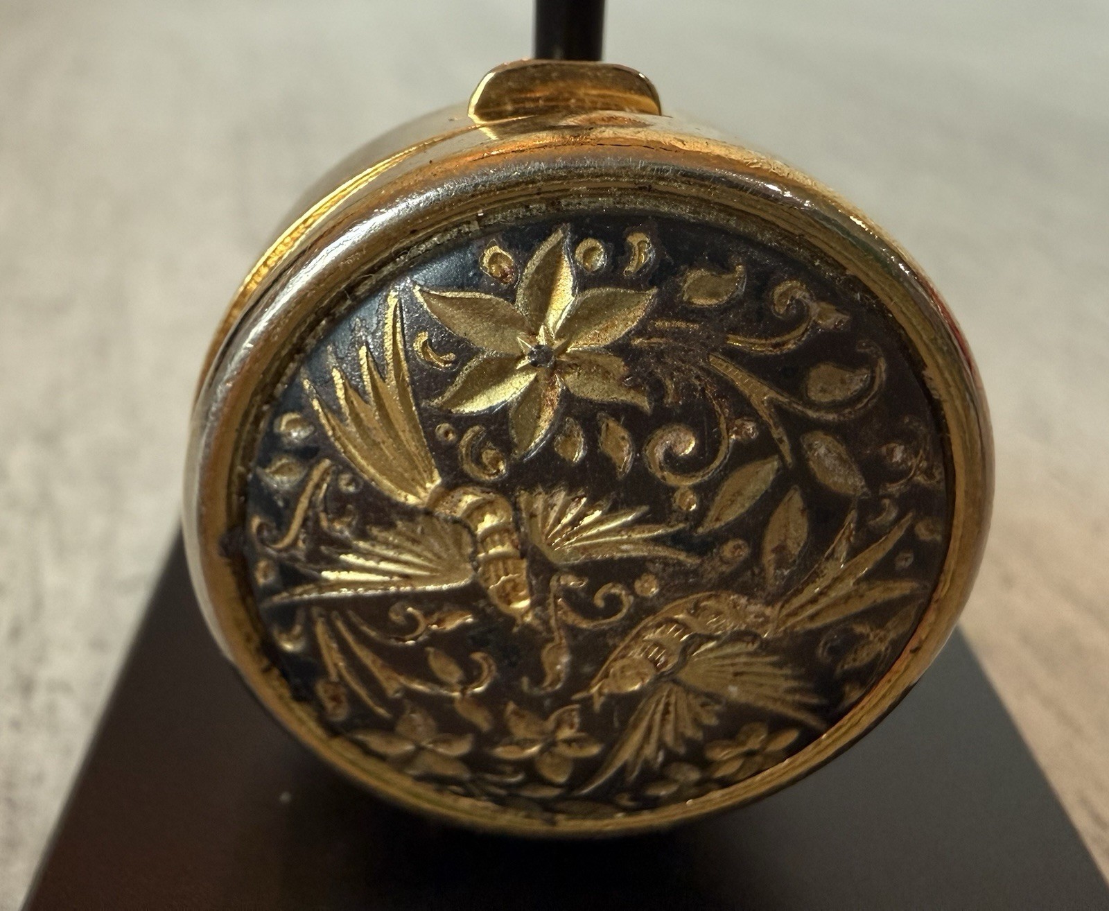 Vintage Spanish Toledo Damascene Round Pill Box Gold Inlaid Bird Floral Black