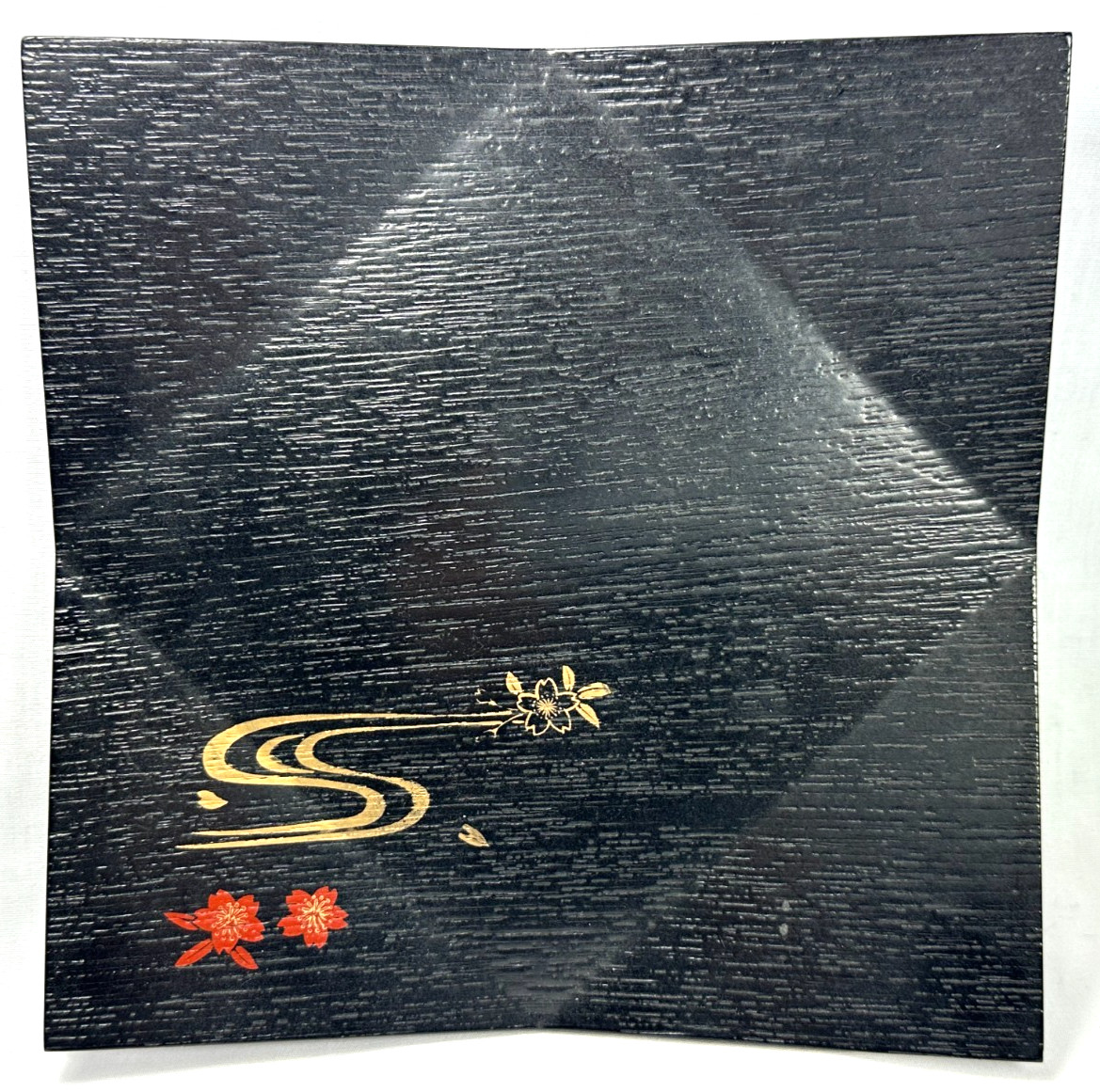 Japan Lacquer Ware Square Serving Plate 8.38” Black w/ Gold Stream Sakura Tray H