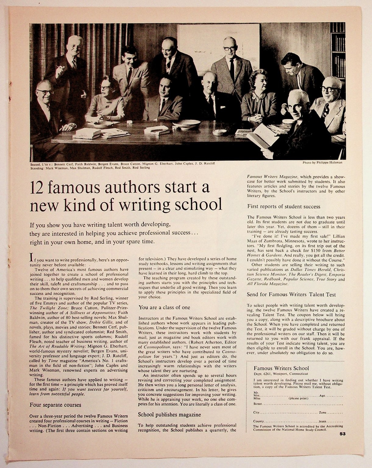Vintage Famous Writers School Ad Rod Serling Bennett Cerf Philippe Halsman