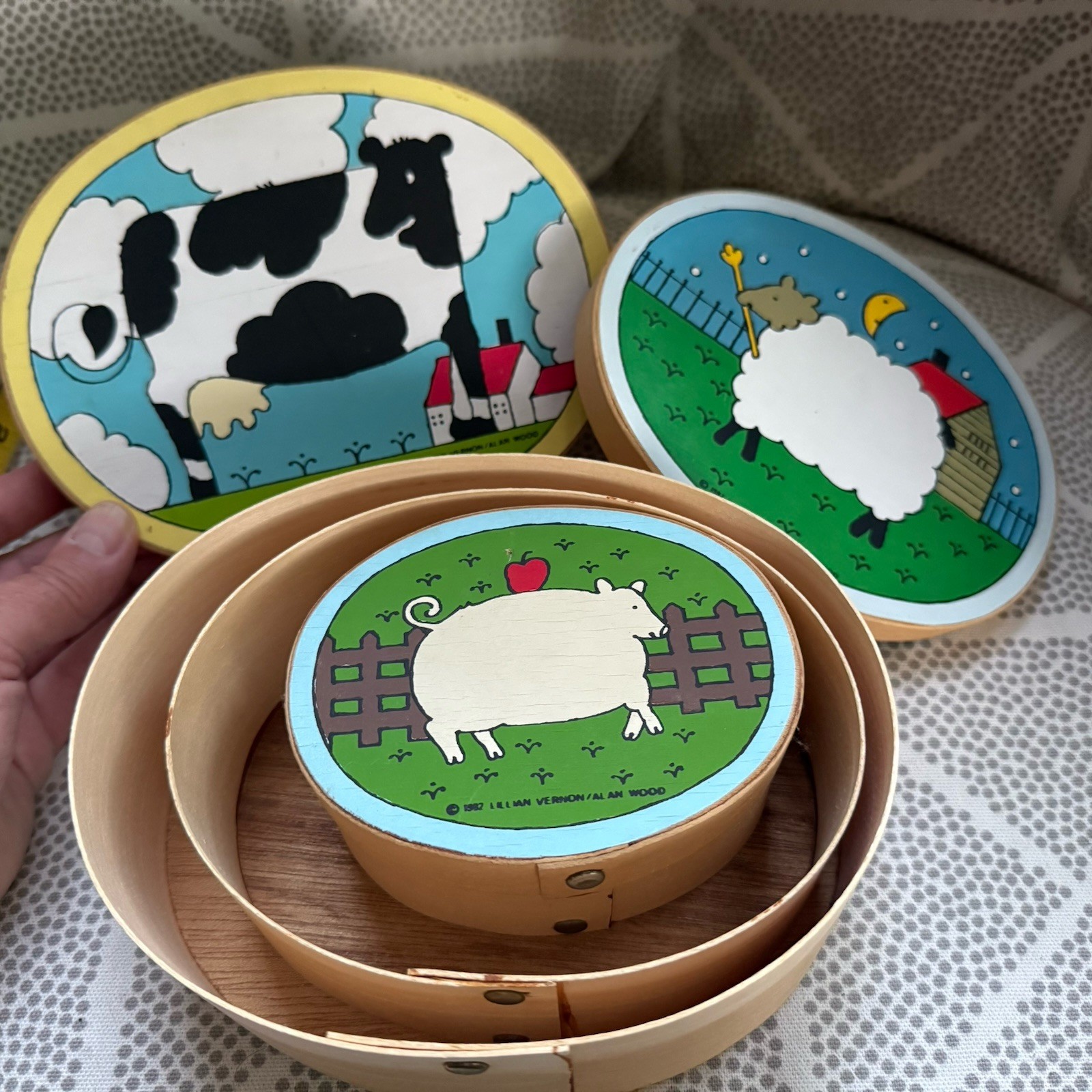 Vtg Farm Animals Wood Nesting Boxes 1982 Lillian Vernon Alan Wood Oval SET OF 3
