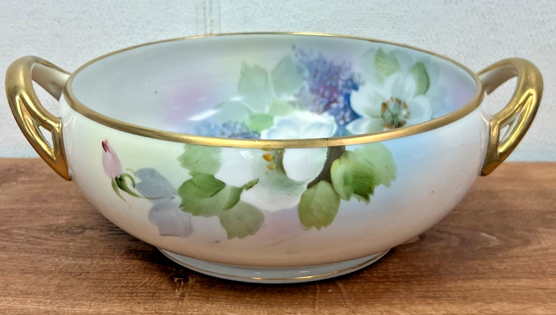 Hand Painted Nippon Two-Handled Bowl Gold Handles & Trim Floral Roses