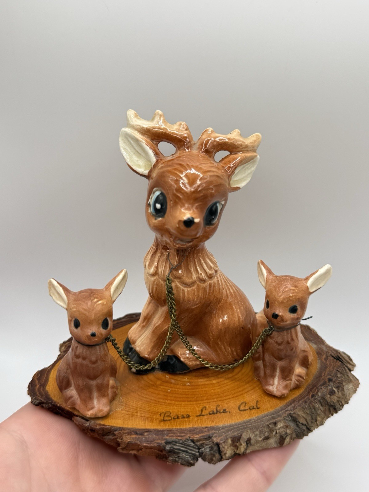 Vtg MCM 1966 Ceramic Deer Family Buck Chain Fawns Figurine Bass Lake California
