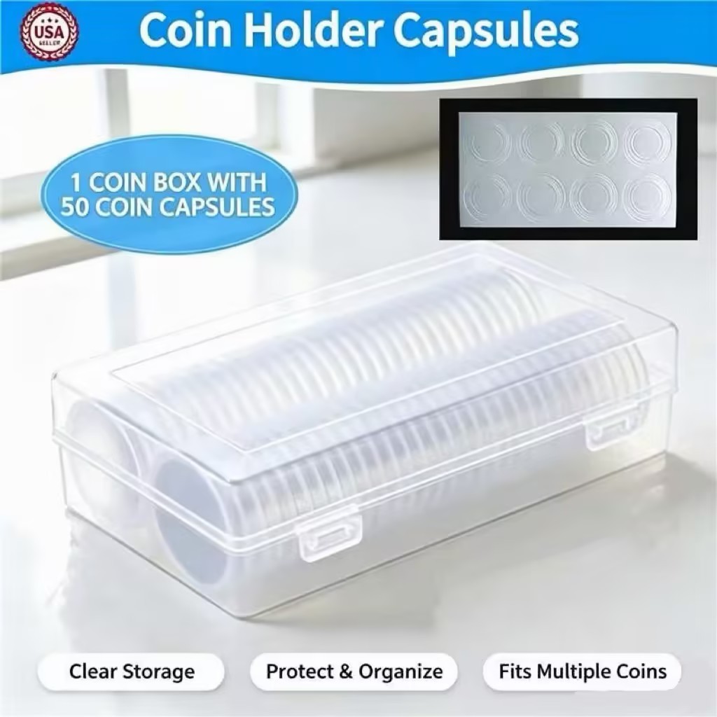 50 Pack 40.6mm Clear Coin Capsules Air Tight Storage Box for Silver Dollar Coins