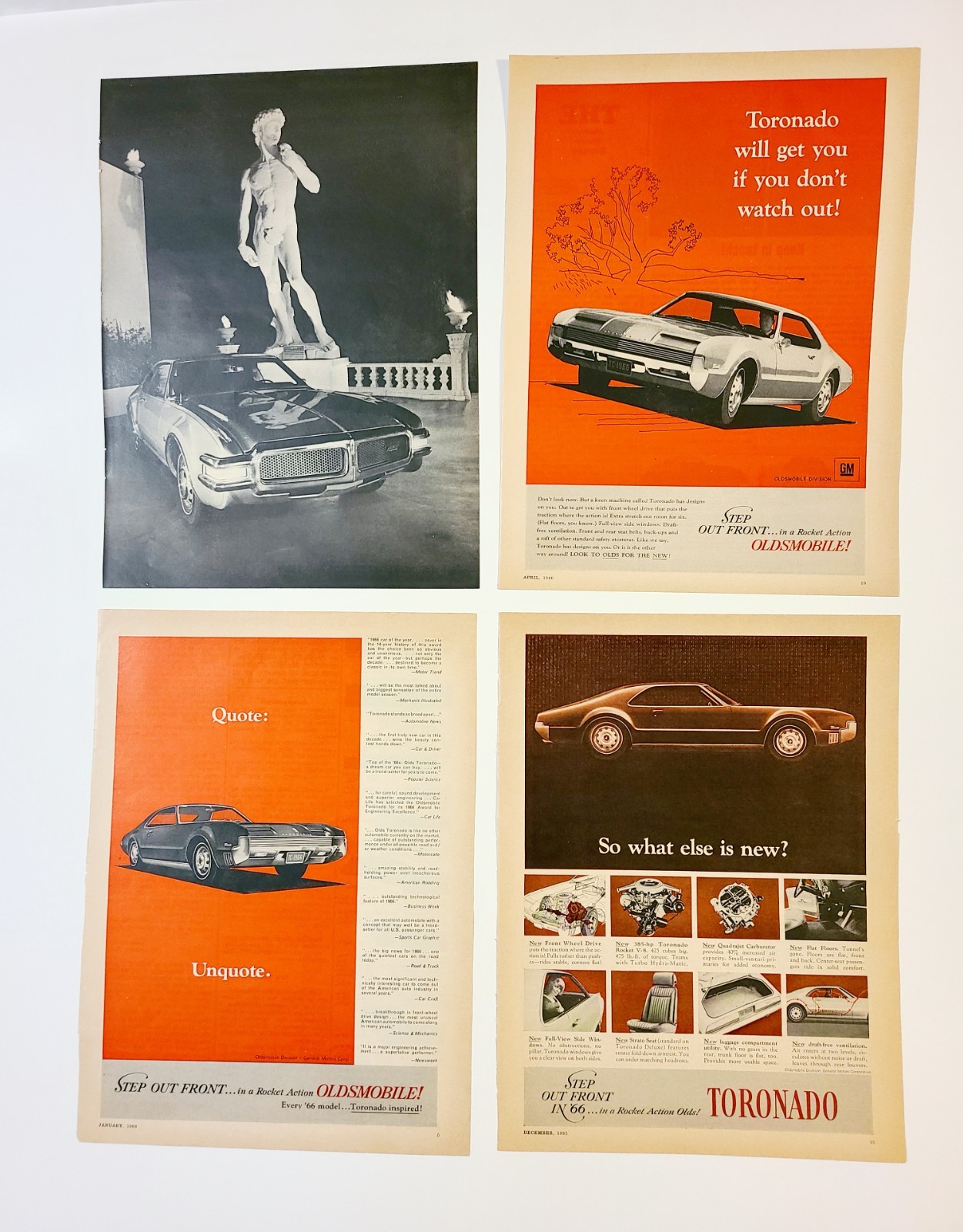 4 page Vintage magazine ad advertisement 1966, 1968 GM Oldsmobile Olds Toronado