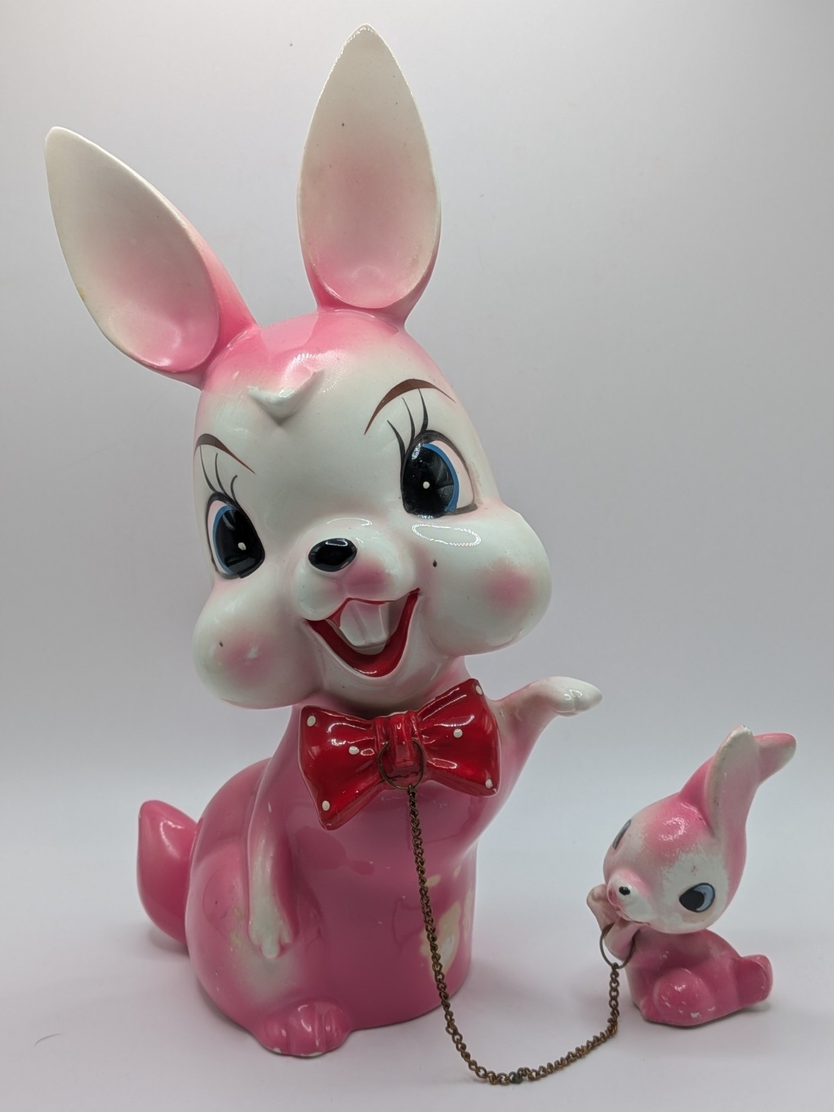Vintage ARNART Japan Kitsch Anthropomorphic Pink Bunny Rabbit Mom & Chained Baby