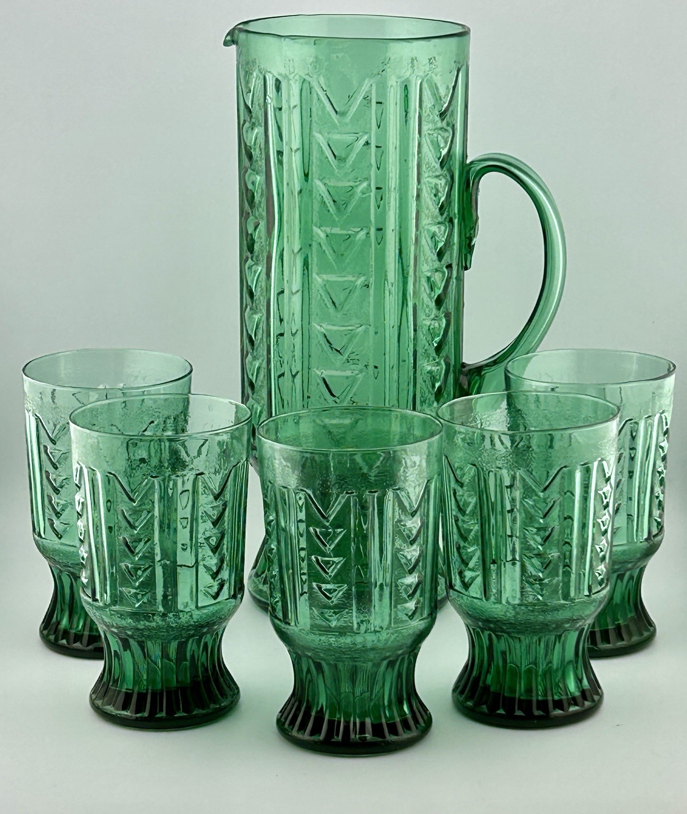 EAPG Emerald Green Chevron Glass Tankard Lemonade Set 5 Tumblers 1890s Antique