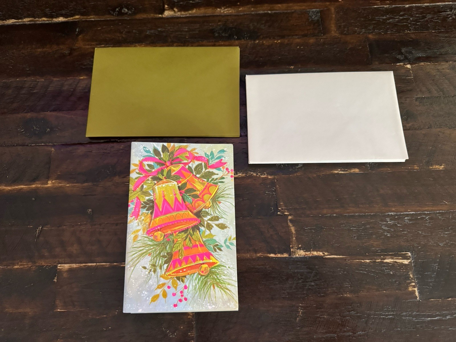 Unused Vintage MCM Christmas Greeting Card Pink Green Bells By Cleo Lot Of 25