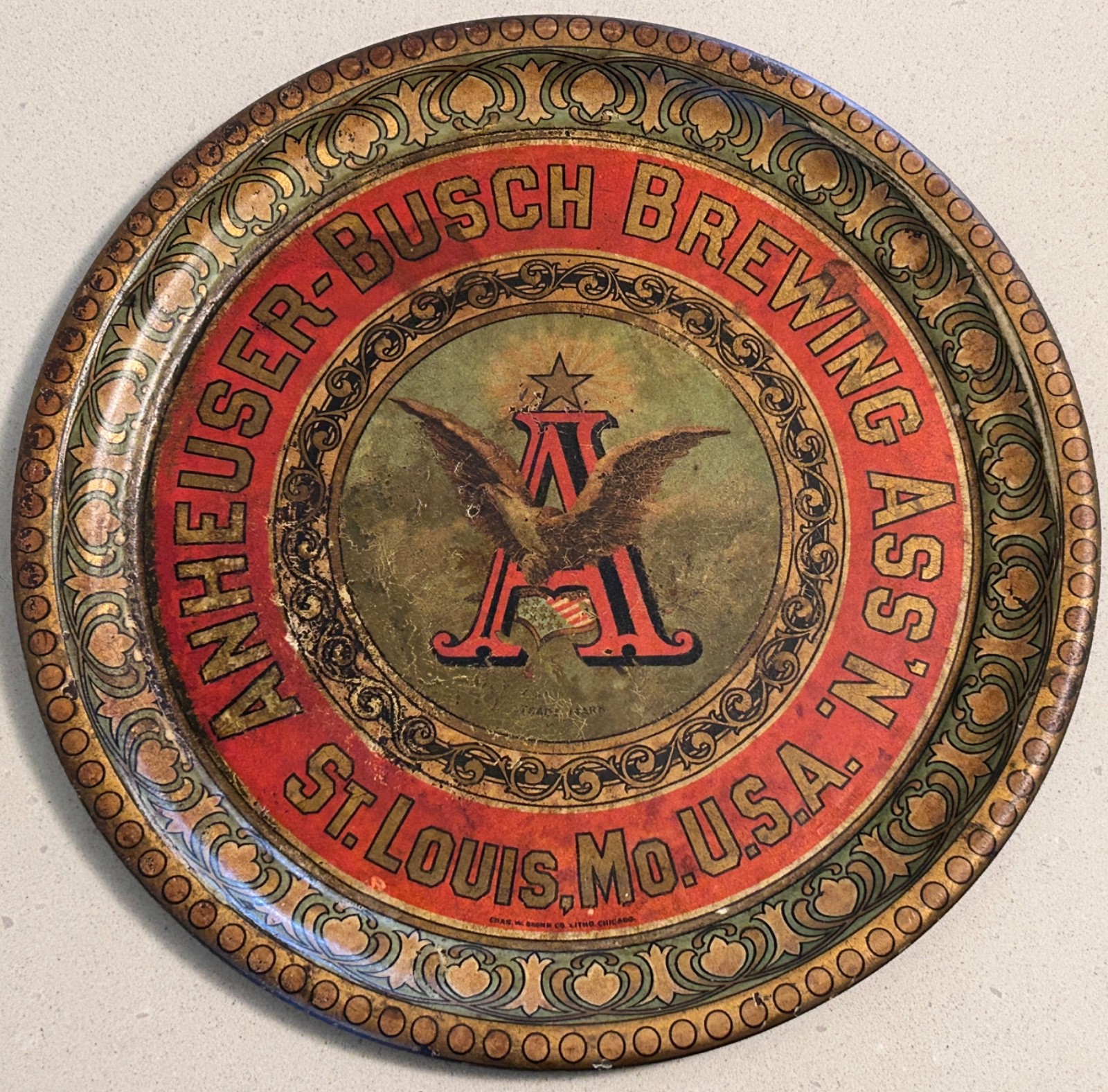 1905 Anheuser-Busch LITHO Tin Tray PRE PRO PROHIBITION Shonk Flying Eagle Sign