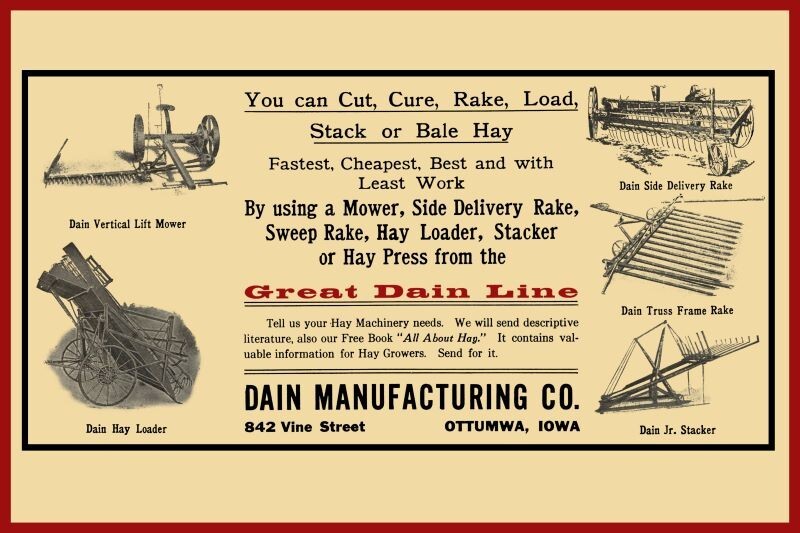 1910 Dain Mfg. of Ottumwa, Iowa NEW Metal Sign - 12x18\