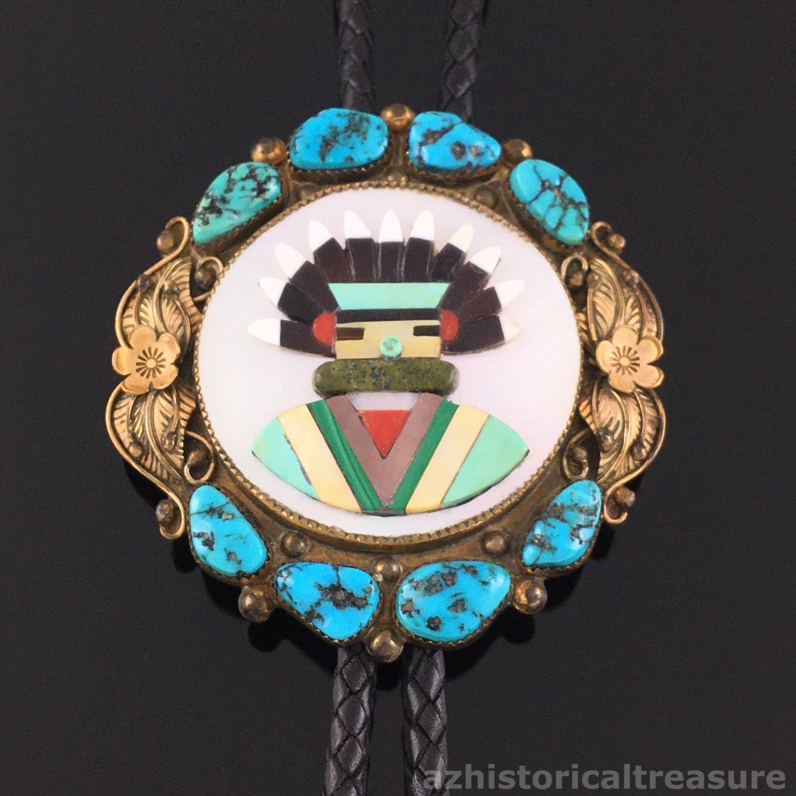 NATIVE AMERICAN ZUNI GOLD FILLED MULTI-STONE INLAY & TURQUOISE KACHINA BOLO TIE