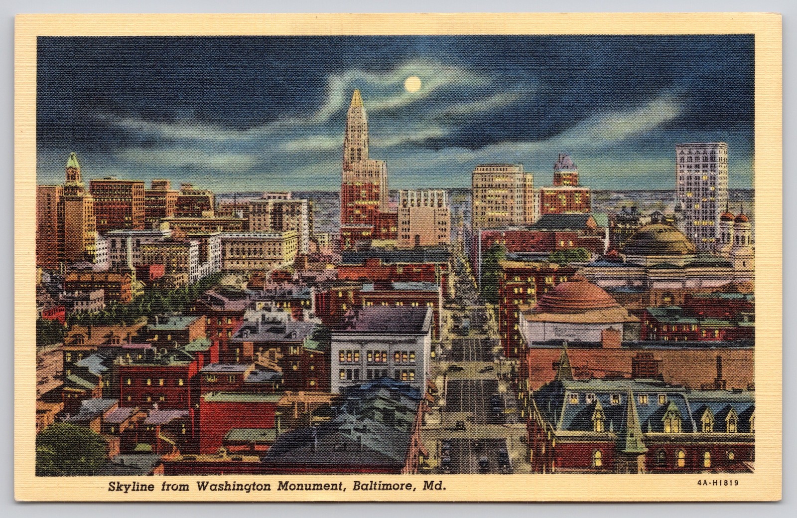 Baltimore Maryland MD Skyline Washington Monument Night Postcard c1940s