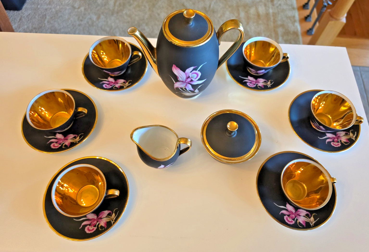 15pc Vintage Crown Bavaria Matte Black Coffee Tea Service Set Pink Orchid 24k 15pc Vintage Crown Bavaria Matte Black Coffee Tea Service Set Pink Orchid 24k