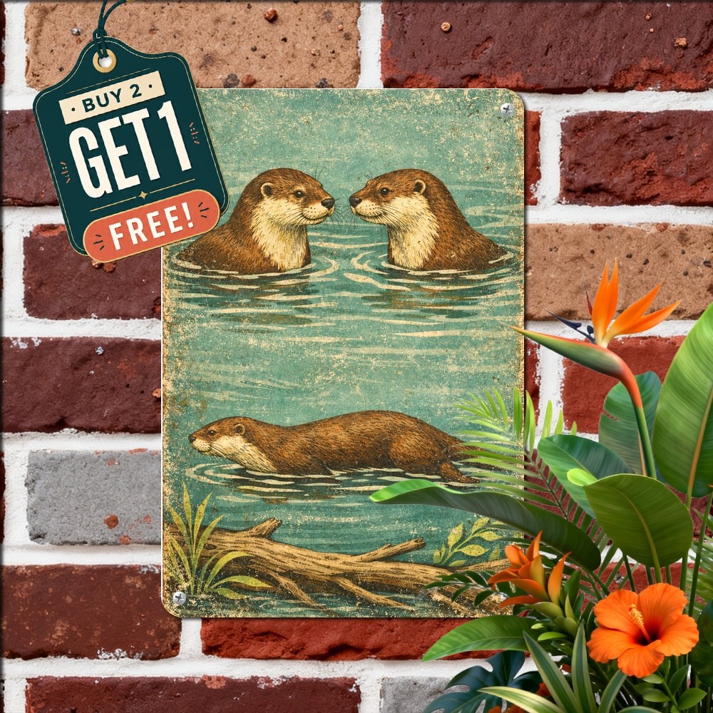 Playful Otters In Water Wildlife Tin Sign Vintage River Nature Lake House Decor