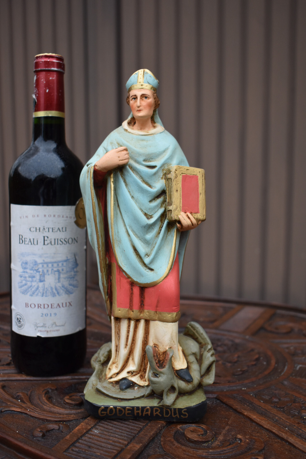 Antique chalk religious statue of Saint Gotthard of Hildesheim figurine