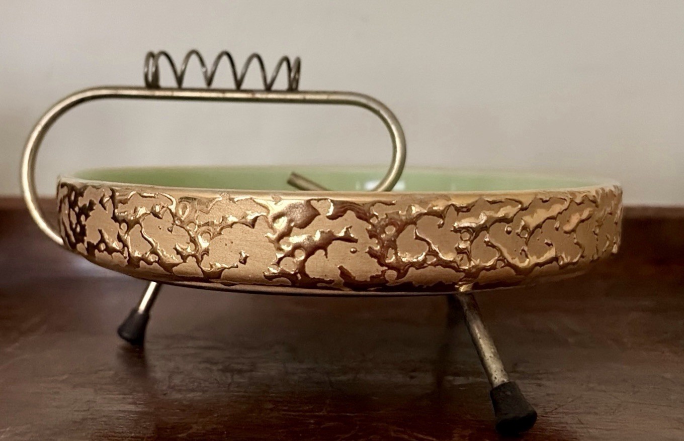 MCM Ashtray Hand Decorated Weeping Bright 22K Gold w/ Stand Vintage Green