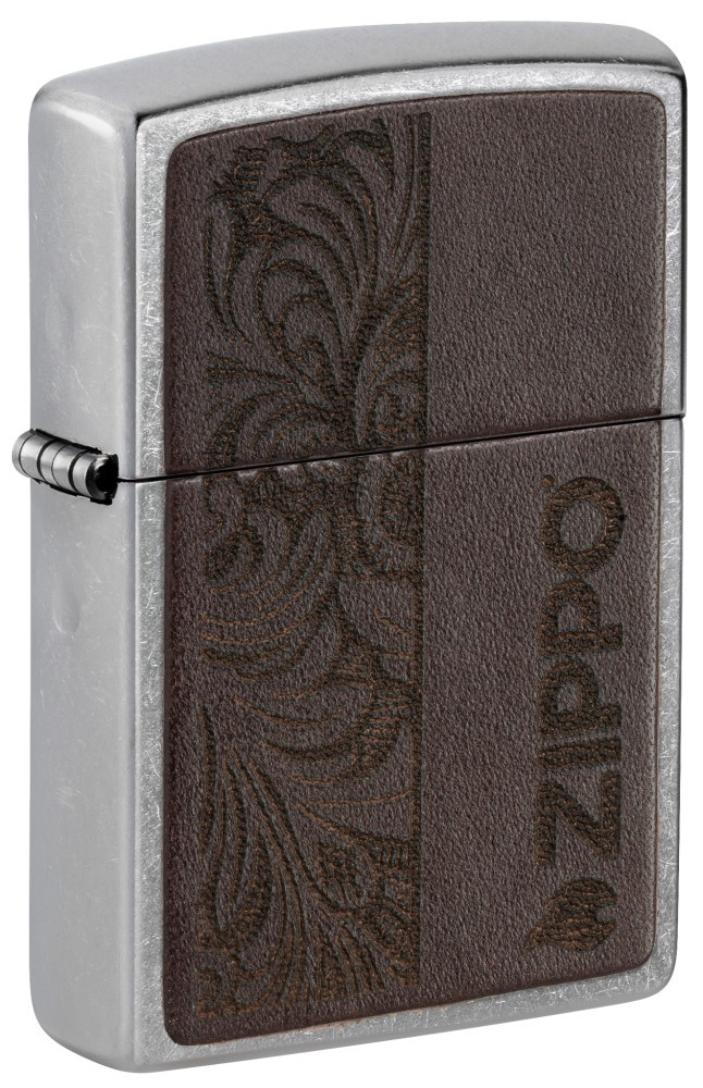Zippo Brown Leather Emblem - Zippo Design Street Chrome Windproof Pocket Ligh...