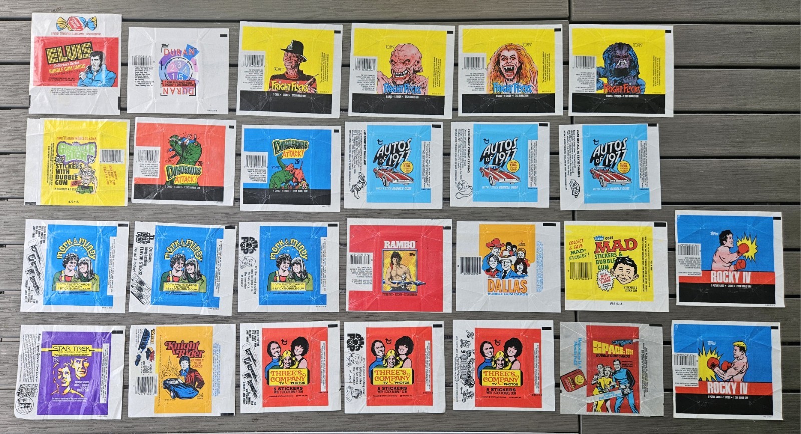 Non-Sport Trading Card Wax Pack Wrapper lot (26) 1970s 1980s Topps Fleer Donruss