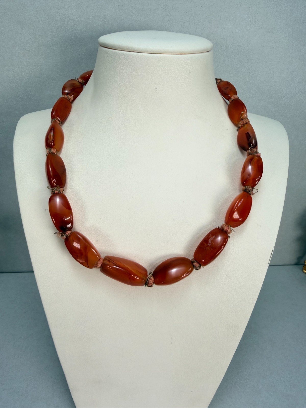 Vintage Carnelian Agate Bead Necklace Orange Stone Hand Knotted Tribal Boho