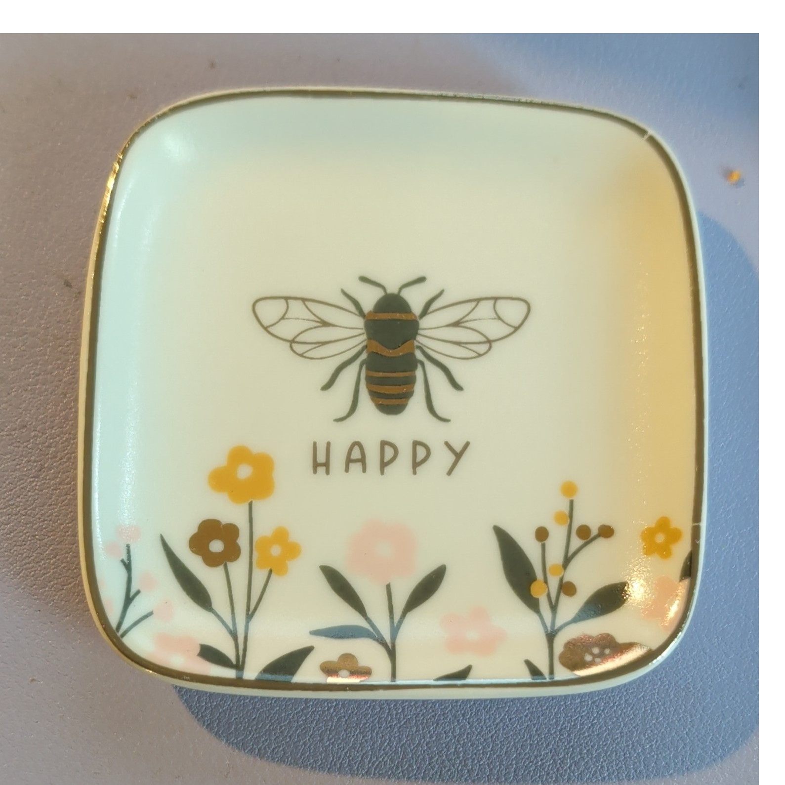 Karma Flora Square Trinket Tray Plate Bumble Bee Happy Ceramic Novelty Lot of 4 