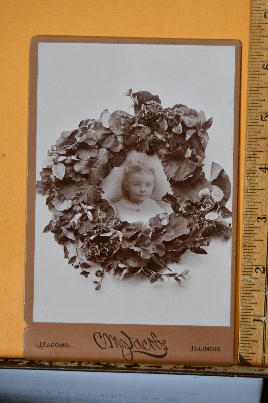 Antique Cabinet Card Photograph Wreath Girl C. M. Jacobs Macomb IL Mourning