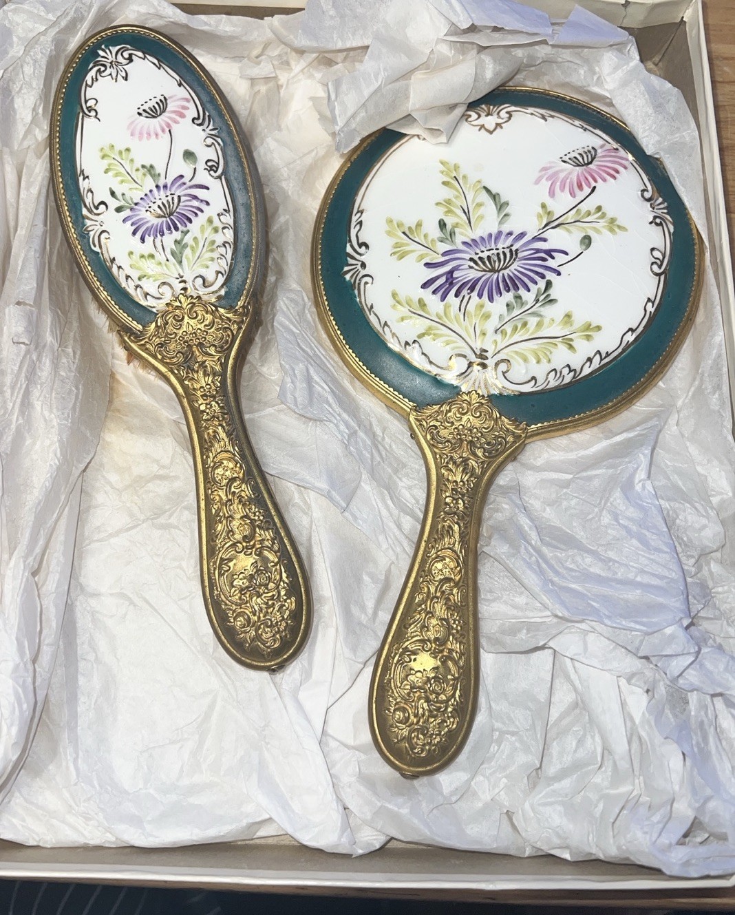 Antique Gold ToneMirror And Brush Vanity Hand Painted Floral Painted Porcelain
