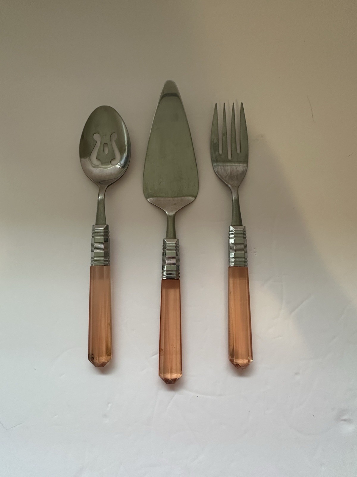 VTG Peach Lucite Handled Serving Set Of 3 Fork Spoon Pie Server Stainless Steel