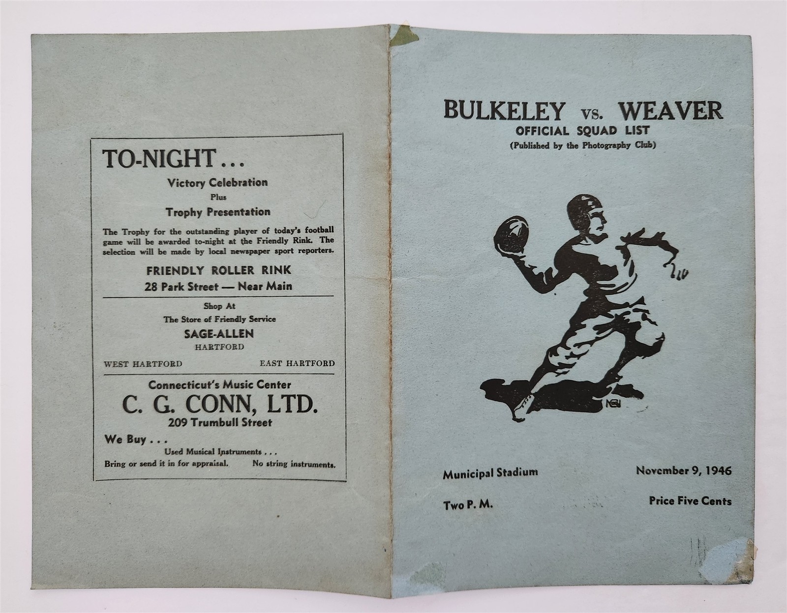 1946 vintage BULKELEY vs WEAVER hartford ct HIGH SCHOOL FOOTBALL program