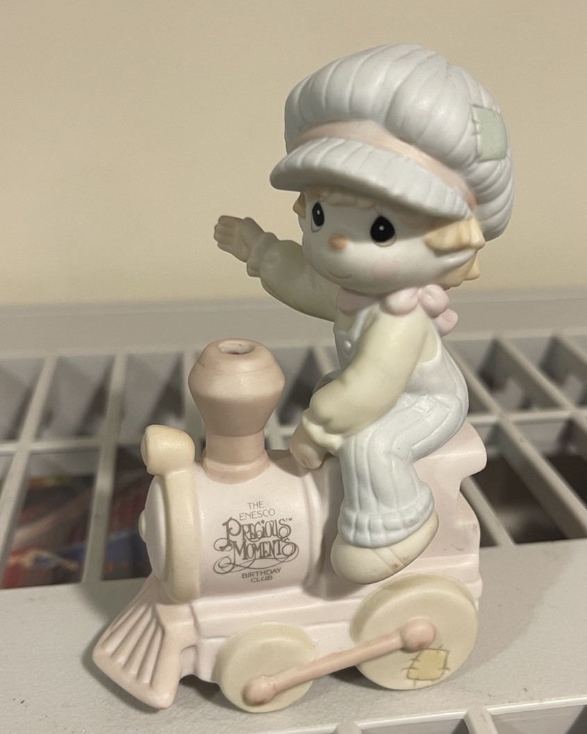 VTG 1992 Precious Moments All Aboard For Birthday Club Fun Boy on Train Figurine