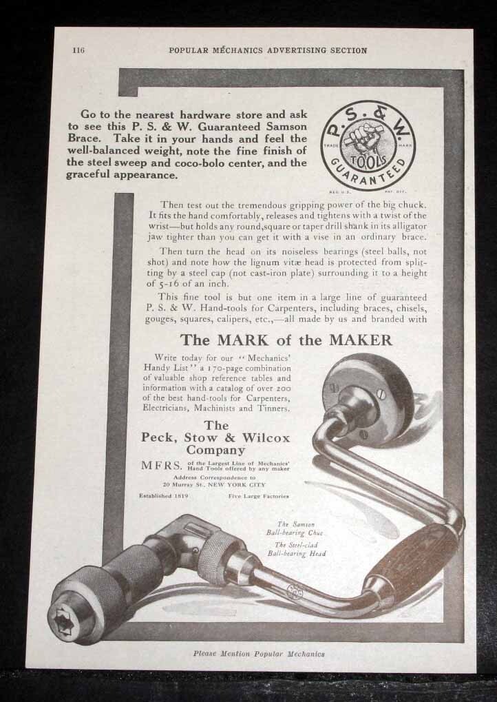 1912 OLD MAGAZINE PRINT AD, PECK, STOW & WILCOX CARPENTER TOOLS, WOOD BRACE