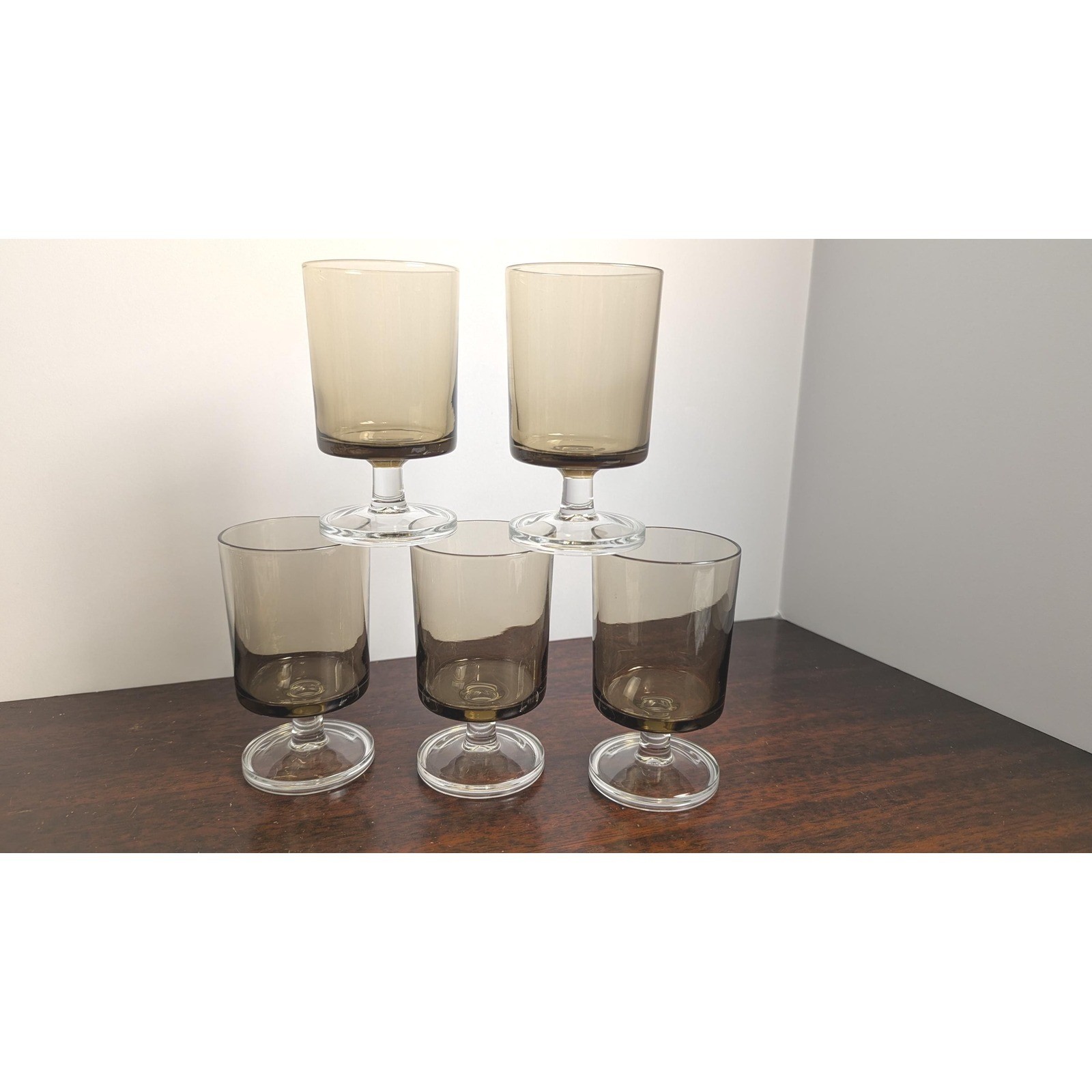 Vintage Smoked Brown Wine Glasses Set of 5 French Mid Century Barware Goblets