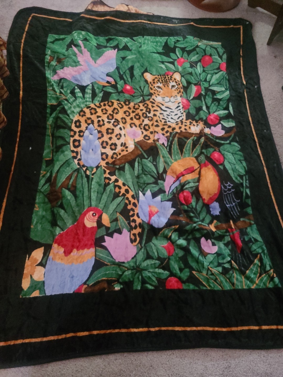 VHTF Vintage NOVATEX Cobertor Blanket LEOPARD Jungle Birds Mexico 90s Plush RARE