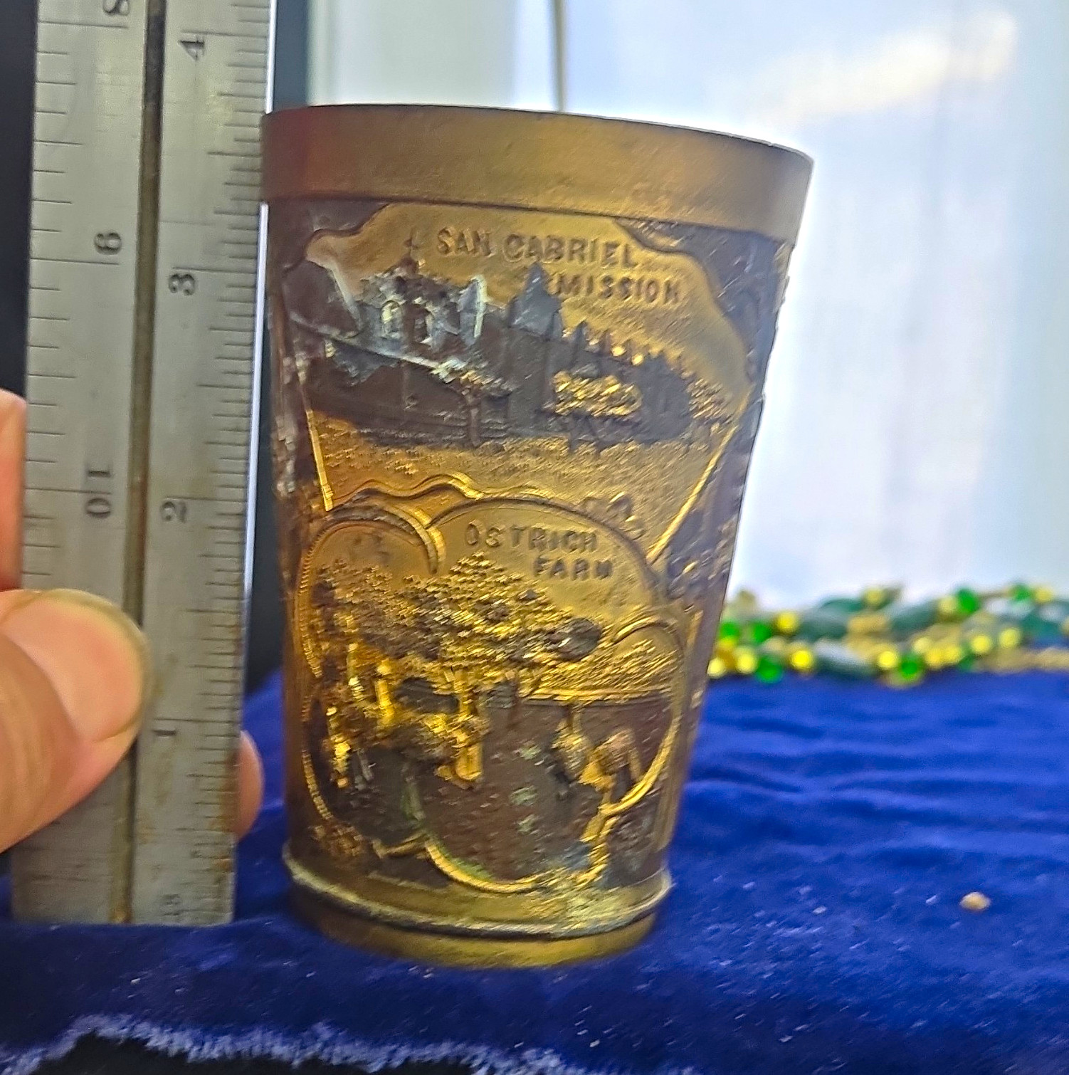 late 1800's Souvenir of Pasadena CA Embossed Metal Cup/Tumbler