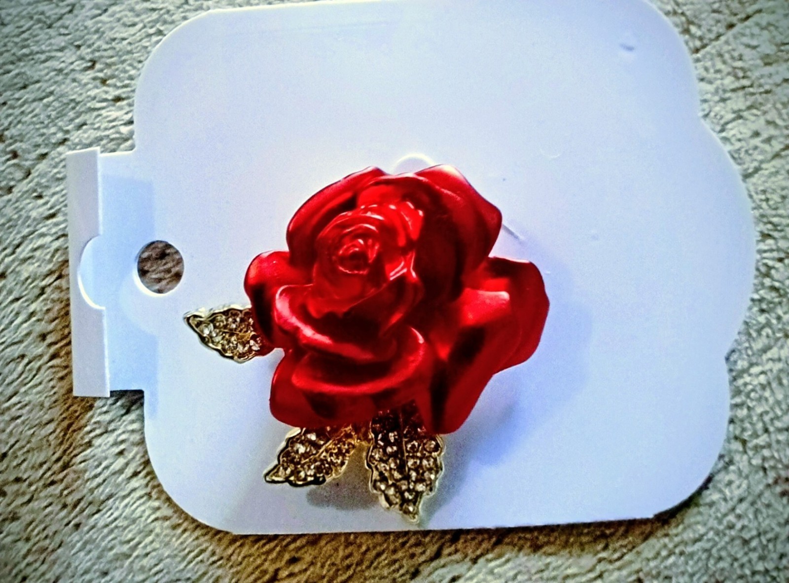 Red Rose Brooch Pin Satin Finish w/ Faceted Faux Gem Leaves Rhinestone Accents 
