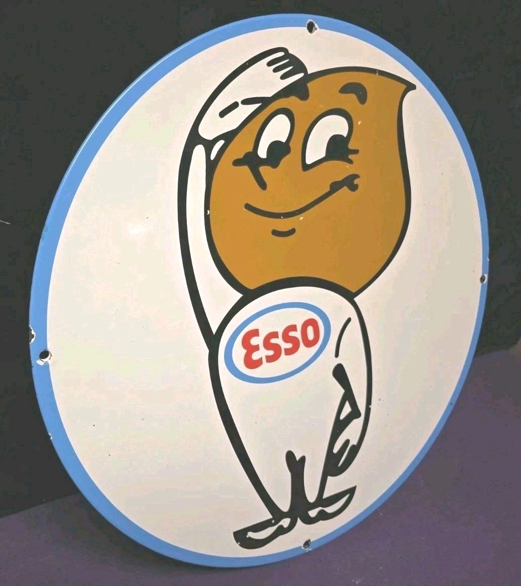 Vintage Porcelain Sign Esso Oil Drop Boy Gas Pump Advertising 15-3/4\ Vintage Porcelain Sign Esso Oil Drop Boy Gas Pump Advertising 15-3/4\
