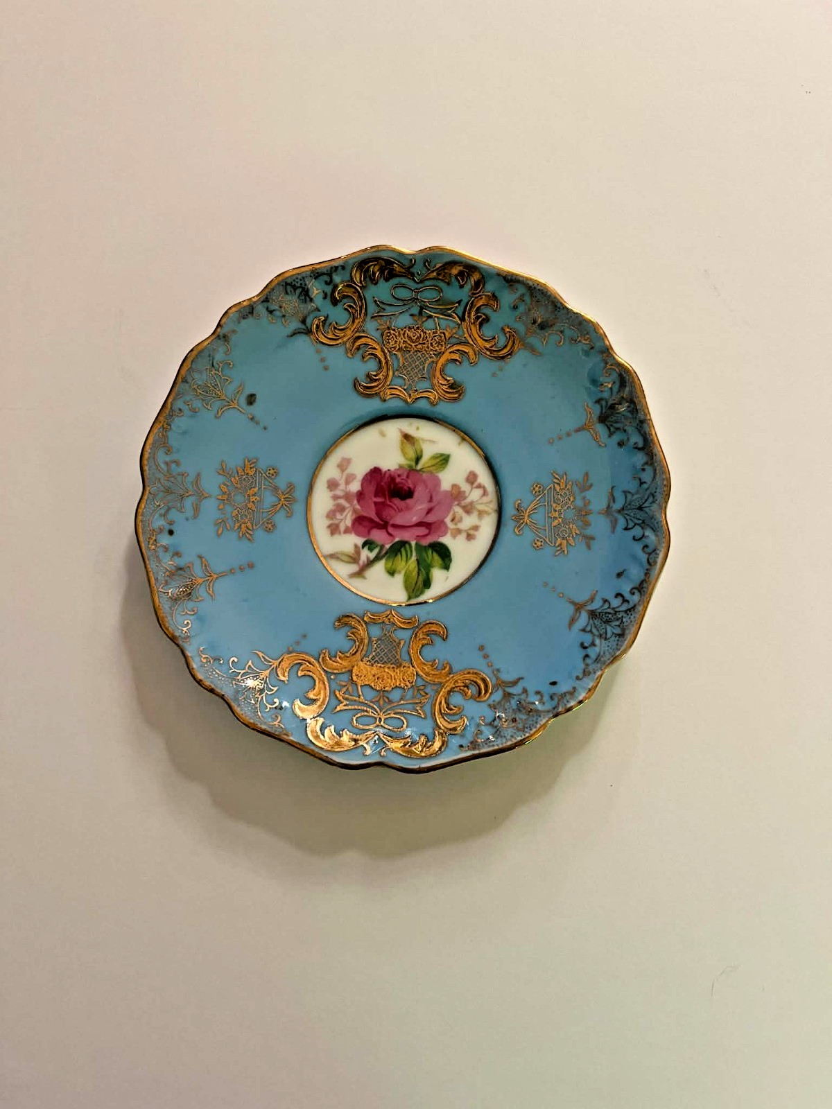 Vtg Royal Halsey Very Fine China Saucer Only Blue Pink Rose Gold Trim Japan