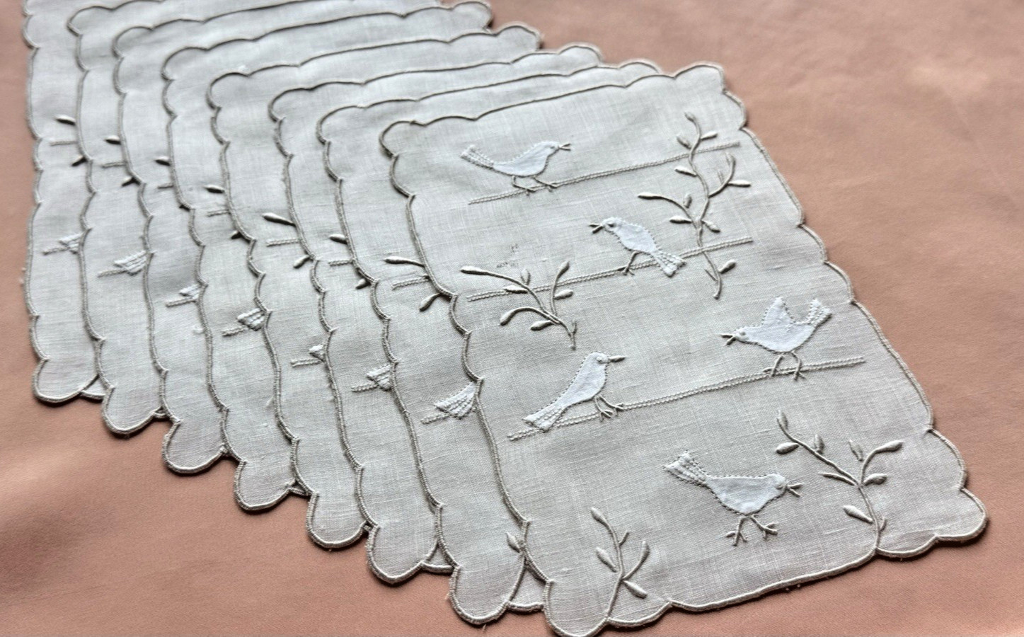 Vintage Cocktail Napkins Madeira Hand Embroidered BIRDS Ecru Linen Set 8